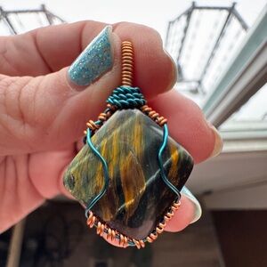 Handcrafted Tiger's Eye Pendant with Copper and Teal Wire